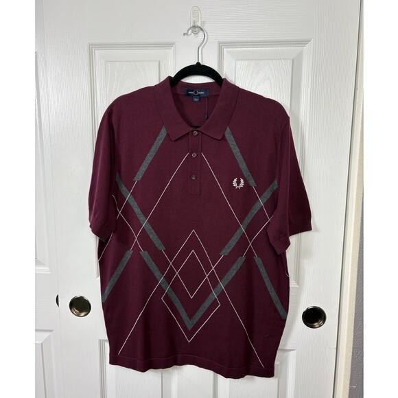 Fred Perry Abstract Argyle Knitted Polo Shirt Men's Size XL Mahogany NWT Cotton - Picture 3 of 7